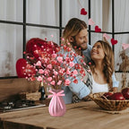 Valentine’s Day Gifts 12 Pcs Glittery Heart Shaped Berry Picks Shining Artificial Red Heart Berry Twig Stem Branches with 2 Rolls of Ribbon for Valentine’s Day Anniversary Bouquets Wedding Home Decor