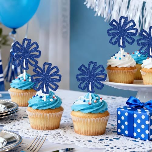 36PCS Cheerleader Cupcake Toppers Glitter Blue Cheerleading Birthday Party Decorations Gymnastics Snowflake Flower Ball Cheer Cake Pick for Girls Women Birthday Baby Shower Party Favors Supplies