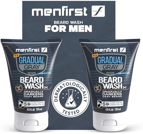 MENFIRST 3-in-1 Gradual Gray Beard Wash Shampoo for Men – Grey Reducing Beard Dye for Darker Shades – Hypoallergenic Harsh Chemical-Free Beard Cleanser for Men – 4.6 Fl Oz