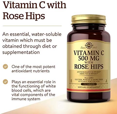 Solgar Vitamin C 500 mg with Rose Hips, 250 Tablets - Antioxidant & Immune Support - Overall Health - Supports Healthy Skin & Joints - Non GMO, Vegan, Gluten Free, Dairy Free, Kosher - 250 Servings