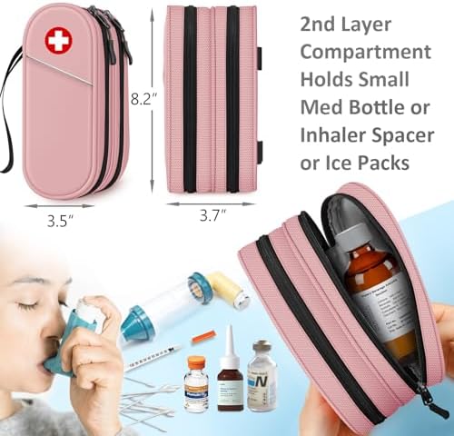 SITHON Double-Layer Epipen Carrying Case, Travel Medication Organizer Bag Emergency Medical Pouch Holds 2 EpiPens, Asthma Inhaler, Anti-Histamine, Auvi-Q, Allergy Medicine Essentials (Pink)