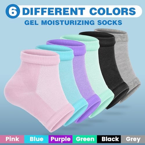 TEAWOO Moisturizing Heel Socks - 6 Pairs for Dry Cracked Feet, Toeless Gel Socks for Hydration and Repair