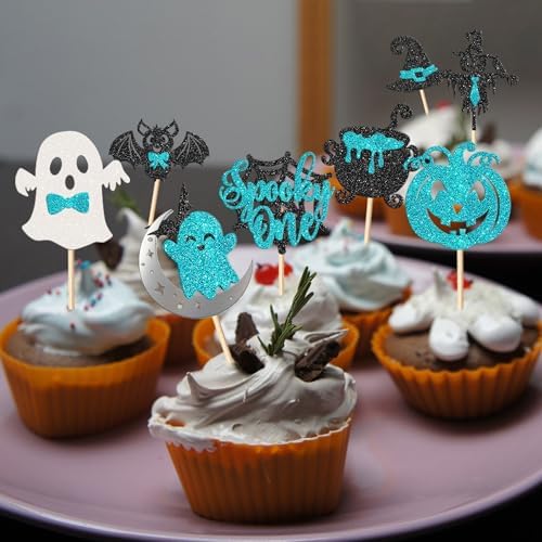 Rsstarxi 24 Pack Halloween Spooky One Cupcake Toppers Glitter Bat Spider Pumpkin Ghost 1st Birthday Cupcake Picks for Halloween Baby Shower Boys First Birthday Party Cake Decorations Blue