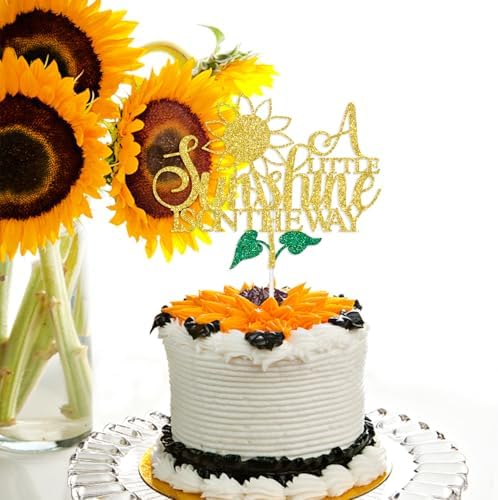A Little Sunshine is on the Way Cake Topper, Oh Baby, Glittery Sunflower Theme Welcome Baby Boy/Girl Cake Decorations Supplies, Baby Shower