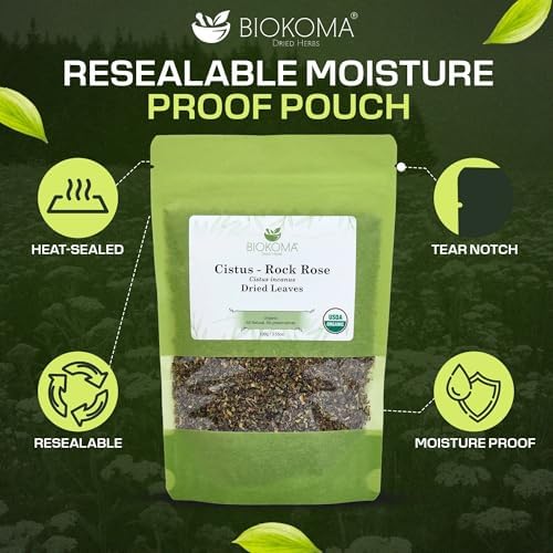 Biokoma Organic Cistus Rock Rose Loose Leaf 3.55oz Cistus Incanus Dried Leaves USDA Organic Herbal Tea Immune Respiratory Support Resealable Pouch Caffeine-Free Pure No Preservatives Non GMO Kosher