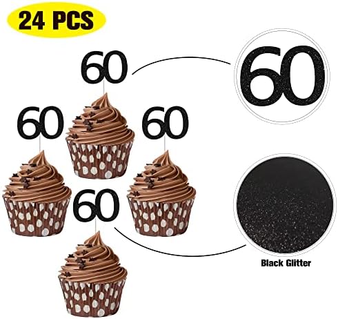 Sumerk 24PCS 60 Cupcake toppers Black Glitter 60th Birthday Cupcake Picks Anniversary Party Decorations