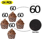 Sumerk 24PCS 60 Cupcake toppers Black Glitter 60th Birthday Cupcake Picks Anniversary Party Decorations