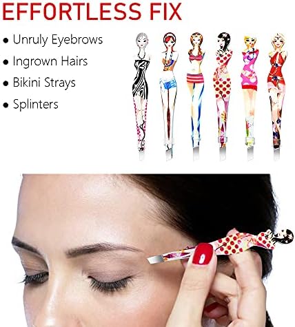Eyebrow Tweezers Pinkiou Professional Slant tip Brow Clip Hair Removal Makeup Tool with Printed Beauty Cover Cosmetic 6 style pack of 6 pcs (Bikini)