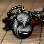 Top Plaza Natural Black Obsidian Healing Crystal Necklaces Fox Talisman Buddha Mala Prayer Pendant Necklace