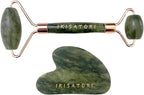 Green Jade Natural Stone Curved Facial Roller & Guasha Set - Jade Facial Massage and Face Sculpting Tool by Ikisatori (Green Jade)