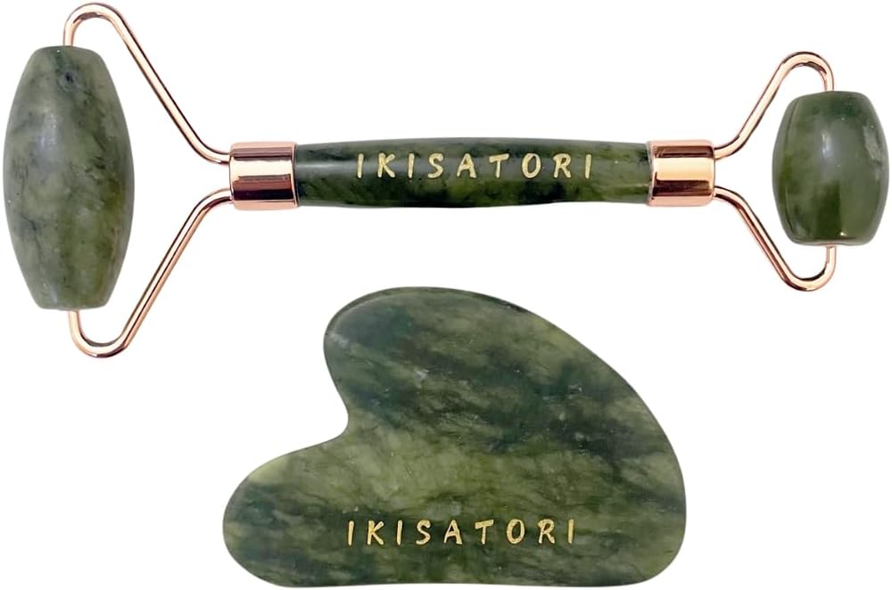 Green Jade Natural Stone Curved Facial Roller & Guasha Set - Jade Facial Massage and Face Sculpting Tool by Ikisatori (Green Jade)
