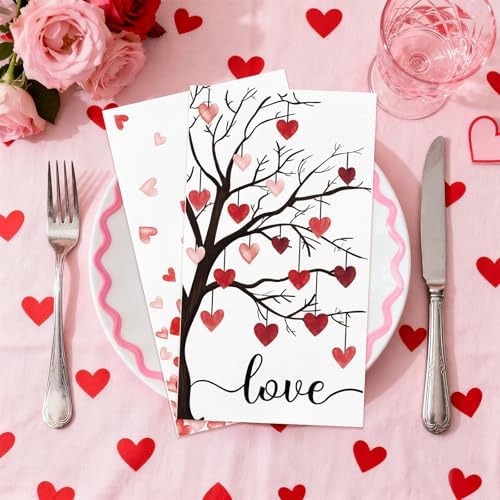 IANFEPH 100 Pcs Romantic Red Heart Napkins 3 Ply Disposable Paper Guest Hand Towels Valentine's Day Cocktail Party Napkins Decorative Love Heart Tree Napkins for Wedding Anniversary Birthday Supplies