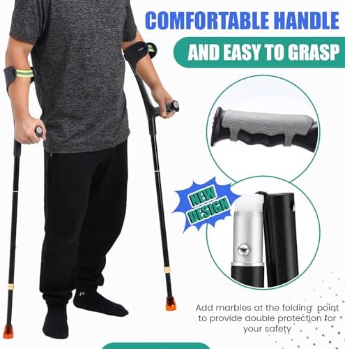 Geiserailie 2 Pcs Forearm Crutches for Adults, Folding Forearm Crutches Lightweight and Adjustable with Rubber Grips for Comfortable Grip, Aluminum Cane with Cuffs for Walking, Black