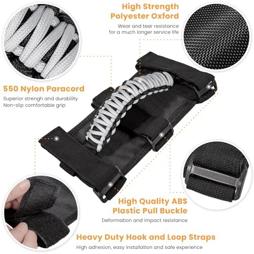 E-cowlboy Roll Bar Grab Handles Grip Handle for Jeep Wrangler JK JKU JL JLU TJ YJ Sports Sahara Freedom Rubicon Unlimited Gladiator JT 1955-2023 UTV ATV Accessories Premium 550 Paracord (Gray 2 Pack)