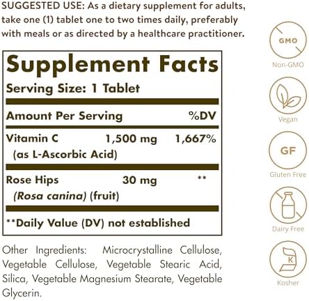 Solgar Vitamin C 1500 mg with Rose Hips, 180 Tablets - Antioxidant & Immune Support - Overall Health - Supports Healthy Skin & Joints - Non GMO, Vegan, Gluten Free, Dairy Free, Kosher - 180 Servings