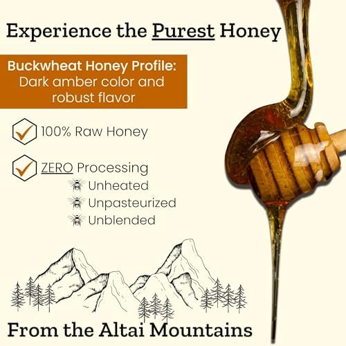 Altay Raw Buckwheat Honey - 100% Pure, Unfiltered, Unpasteurized, Ethically Sourced - Glass Jar, 454g / 16oz