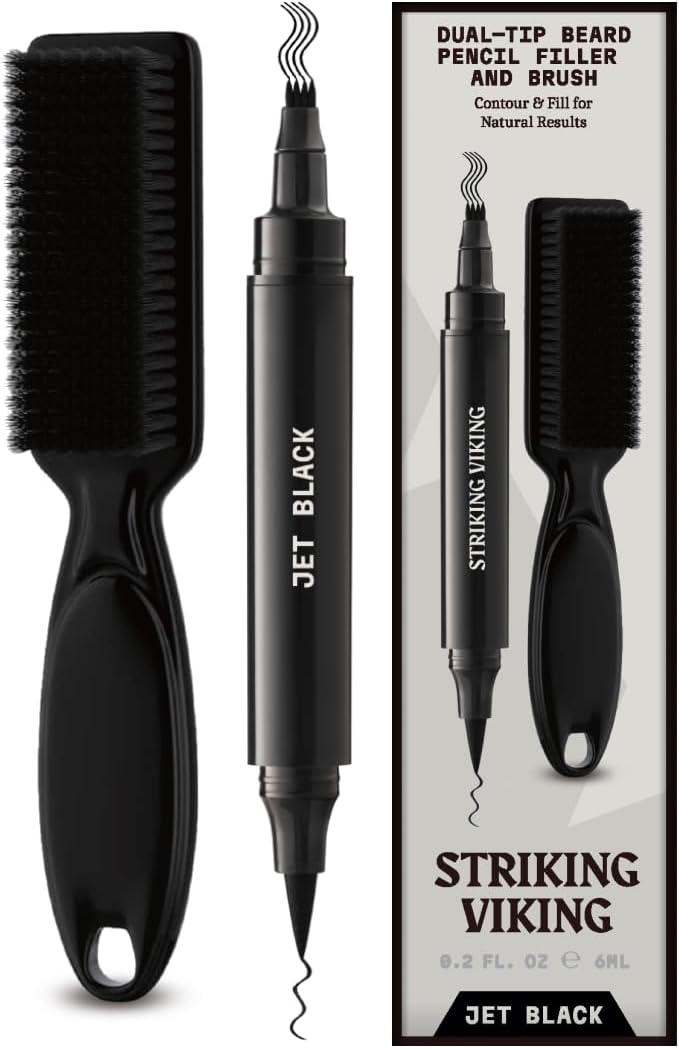 Striking Viking Beard Pen - Jet Black, 1 Pen 1 Brush - Temporary Beard Dye - Waterproof Sweatproof Long Wear Beard Pencil for Touchups & Gap Contouring - Enhances Facial Hair