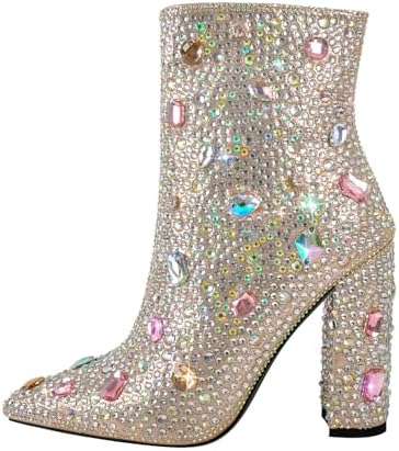 richealnini Rhinestones Ankle Boots with Side Zippers Mid Top Block Heels Sparkly Zip Up Short Booties