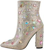 richealnini Rhinestones Ankle Boots with Side Zippers Mid Top Block Heels Sparkly Zip Up Short Booties