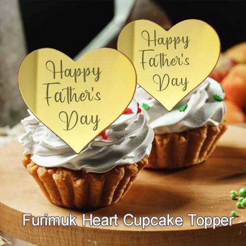 24 Pcs Happy Father's Day Cupcake Topper Acrylic Cake Disc Mirror Heart Cake Topper Engraved Happy Father's Day Cake Topper Heart Picks Cupcake Decorations for Dads Birthday Day (24, Gold)