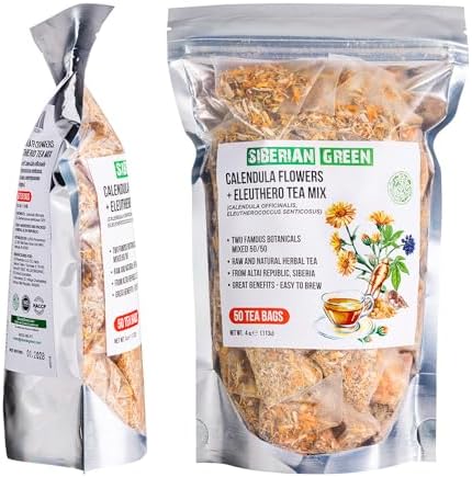 Siberian Green Ginseng Root and Calendula Flower Tea Bags – 50-Pack Herbal Tea Bags – Raw and Natural Botanical Ingredients – From Siberian Altai Republic – Easy to Brew