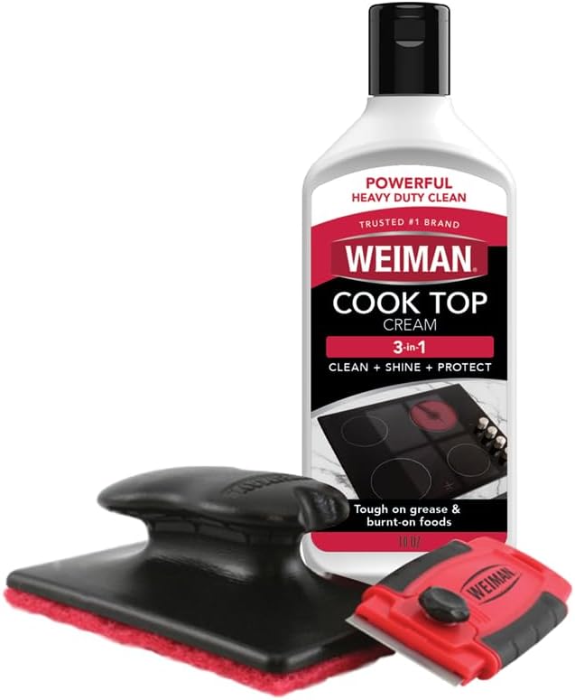 Weiman Glass & Ceramic Cooktop, Stove Top & Oven Cleaner Kit – Kitchen Cleaner Cream, 3 Scrubbing Pads & Scraper for Burnt-On Food & Grease, Clean Shine - Safe for Induction, Electric & Gas Cooktops