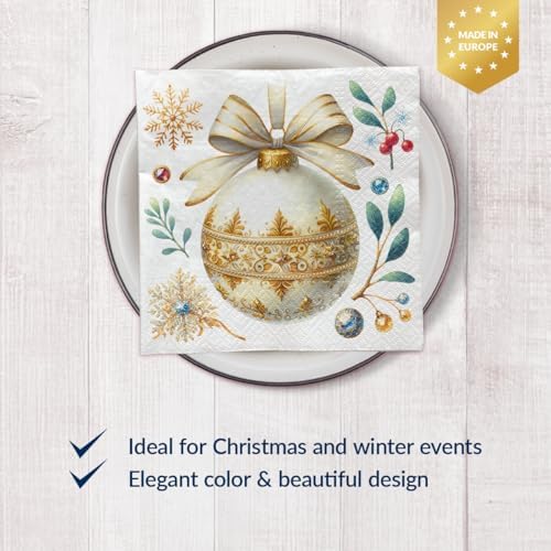 PAW - Christmas Luncheon Napkins 6,5'' x 6,5'', White and Gold Disposable Paper Napkins with Bauble, Elegant Lunch Napkins for Winter Birthdays, Christmas Parties, New Years, Decoupage, 50 Count