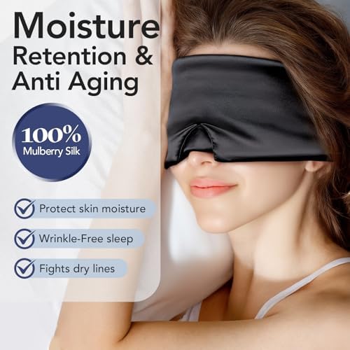 LitBear 100% Mulberry Silk Sleep Mask for Women & Men, Soft and Comfortable Eye Mask for Side Sleepers, Blackout Sleeping Mask for Home, Travel, Office, or Napping (Black)