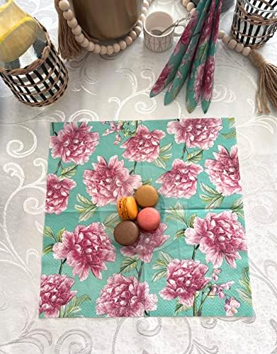 AM Decor 20-Count Soft 3-Ply Tissue Decoupage Luncheon Paper Napkins -13" x 13" (Unfolded) Pink Peonies in Turquoise