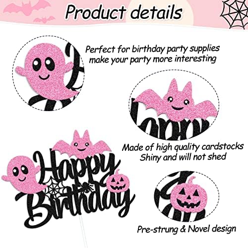 Halloween Cake Topper Happy Birthday Cake Decoration Halloween Ghost Bat Pumpkin Spooky Witches Theme for Birthday Party Pink and Black Decoration