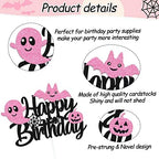 Halloween Cake Topper Happy Birthday Cake Decoration Halloween Ghost Bat Pumpkin Spooky Witches Theme for Birthday Party Pink and Black Decoration