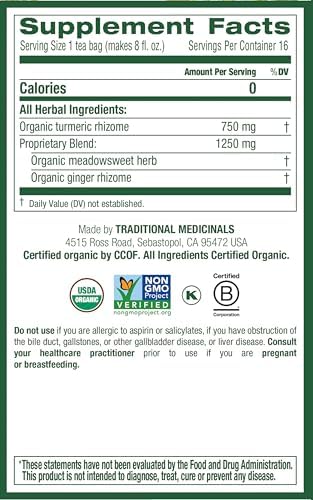 Traditional Medicinals Organic, Turmeric Tea with Ginger & Meadowsweet - Supports Normal Response to Inflammation - Kosher, Non-GMO, Caffeine-Free, Compostable - 16 Tea Bags