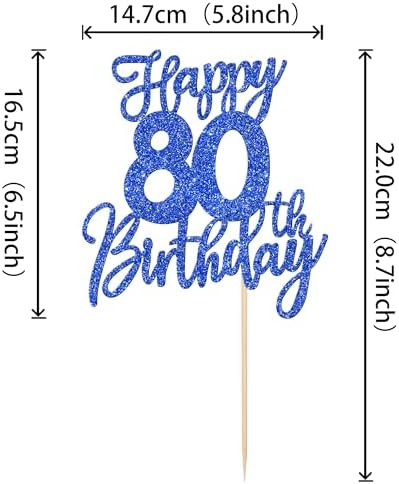 1 PCS Happy 80th Birthday Cake Topper Glitter Cheers to 80 Years Birthday Cake Pick Eighty Hello 80 Fabulous Cake Decoration for Happy 80th Birthday Anniversary Party Decorations Supplies Blue