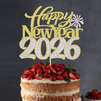 Happy New Year 2026 Cake Topper-Winter Xmas Holiday Cake Decor, Hello 2026 New Year's Eve/Christmas/Happy Holidays Party Decorations (Design 2-Gold Silver)