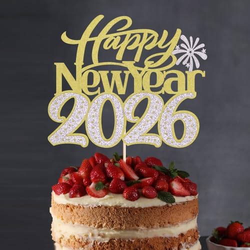 Happy New Year 2026 Cake Topper-Winter Xmas Holiday Cake Decor, Hello 2026 New Year's Eve/Christmas/Happy Holidays Party Decorations (Design 2-Gold Silver)