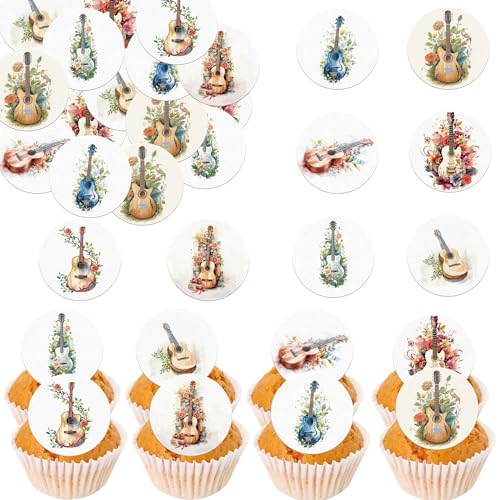 36PCS Edible Guitar Cupcake Toppers Wafer Paper Music Instrument Cake Picks Music Guitar Birthday Cake Topper Musician Cupcake Picks for Concert Theme Party Decor