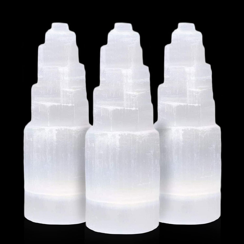 Himalayan Glow WBM Selenite Tower Skyscraper 10cm, Natural Home Decoration & Meditation Crystal Selenite Stone -3 PCS Selenite Lamp, (Pack of 3), White