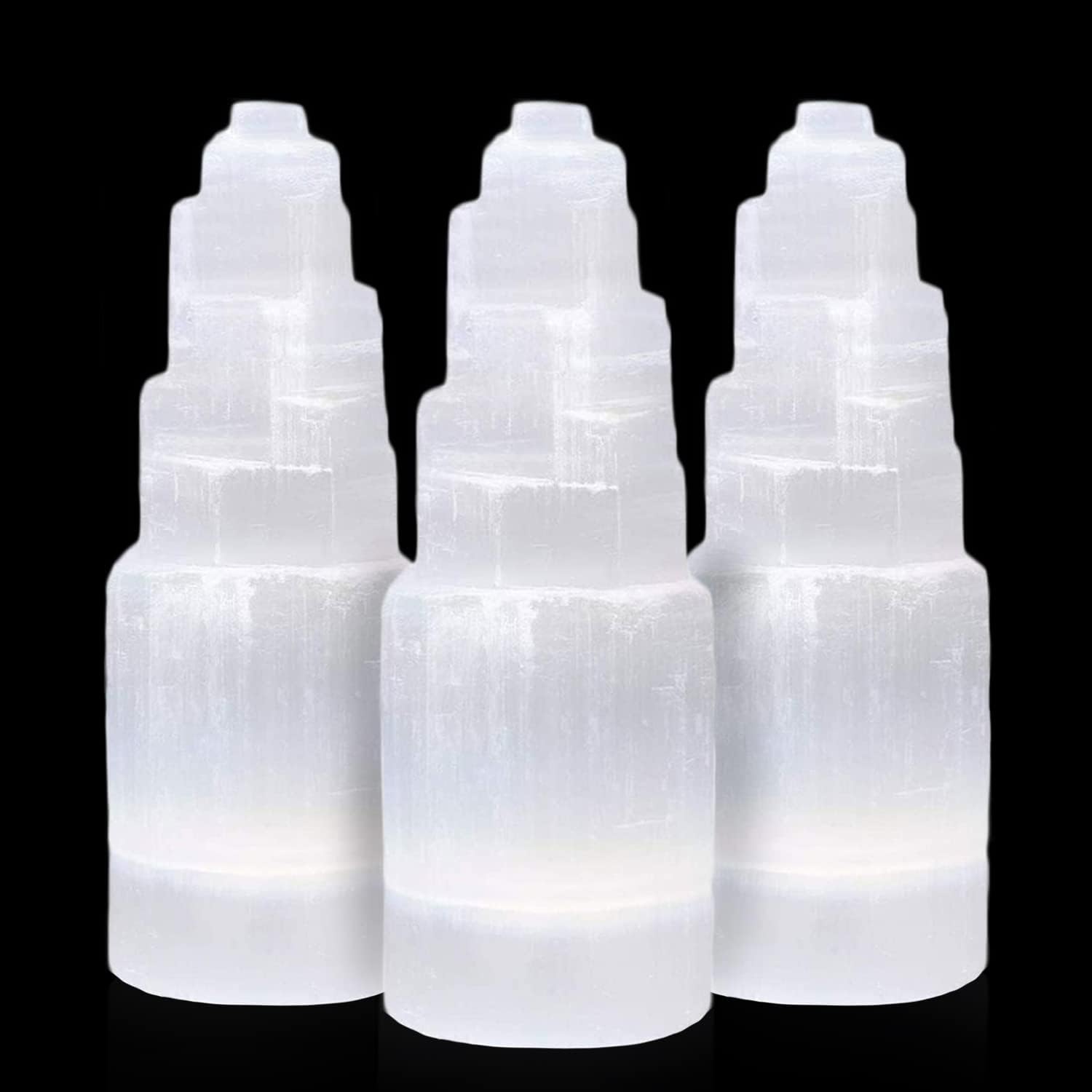 Himalayan Glow WBM Selenite Tower Skyscraper 10cm, Natural Home Decoration & Meditation Crystal Selenite Stone -3 PCS Selenite Lamp, (Pack of 3), White