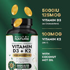 Built by Nature Vitamin D3 K2 5000 IU + 100 mcg MK-7 - Extra Strength, High Absorption - Bone, Heart & Immune Support - Coconut MCT Oil - Non-GMO – 1 Year Supply - 360 Softgels