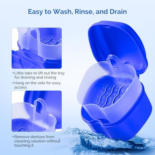 JMU Denture Bath Case with Strainer Basket Soaking Cup & Mouthguard Storage Container (Pack of 2, Navy Blue, Purple)
