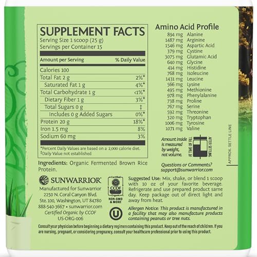 Sunwarrior Brown Rice Protein Powder with Bcaa & Amino Acids Raw Rice Protein Shake Gluten Free Low Carb Dairy Free | Plant Based Classic Sprouted Brown Rice Protein Powder Natural 375g