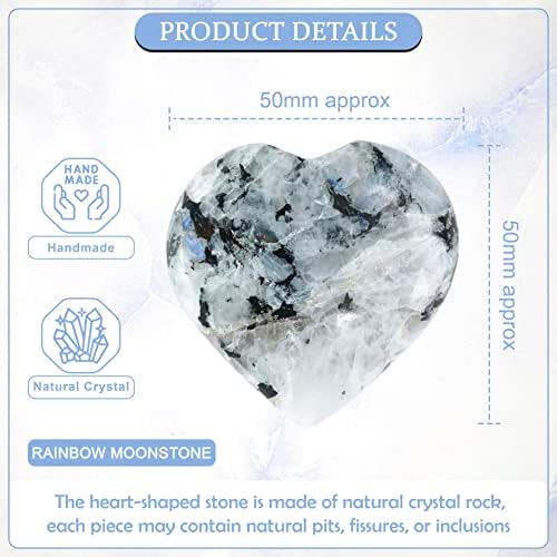 Crocon 50mm Rainbow Moonstone Heart Stone Big Heart Shape Puff Stones Set 450+ Carats Pocket Crystal Healing Tumble Collection Palm Worry Stone Good Luck Charm Meditation Gift Craft Home Decor