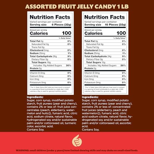Sour Fruit Jelly Candy Mix | 1 Pound Bag | Vegan Gummies with Real Fruit Puree | Cherry, Watermelon, Peach | Gelatin Free Plant Based Texture | Dye Free Candy | Naturally Flavored