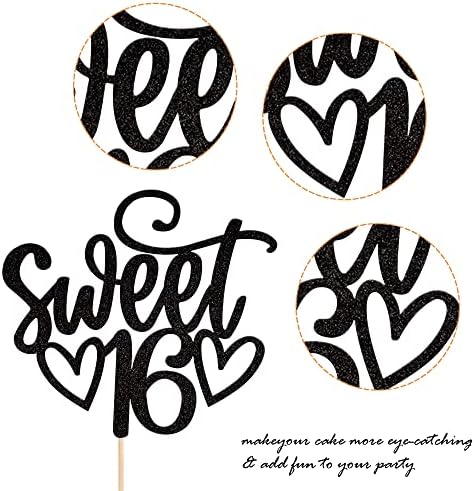 1 Pack Sweet Teenager 16 Cake Topper Glitter 16th Birthday Cake Pick for Cheers to 16 Years Old 16th Birthday Party Cake Decorations Supplies Black