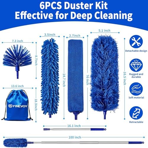 Dusters 6-in-1 Kit, Duster with Extension Pole 100 Inches, Dusters for Cleaning, Cobweb Duster, Microfiber Feather Gap Duster Cleaner for Fans, Blinds, Cars and Furniture