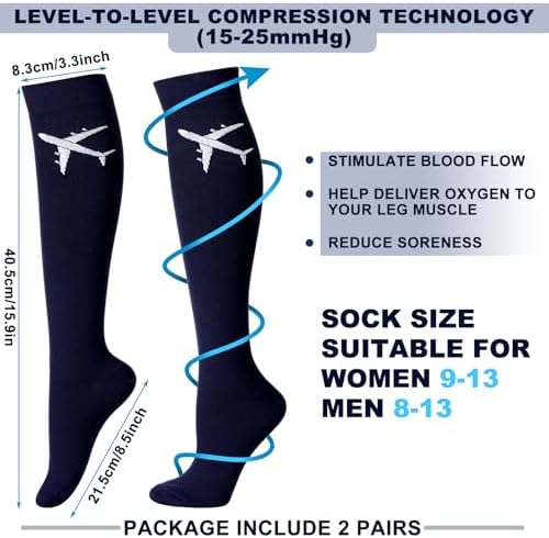 Skicuff 2 Pairs Travel Compression Socks for Men Women 15-25 mmHg Graduated Knee High Compression Socks for Travel and Flight