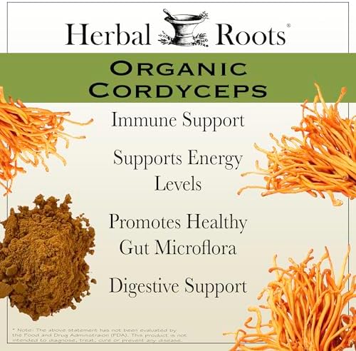 Herbal Roots Organic Cordyceps - Fruiting Body Extract Mushroom Capsules - Immune & Energy Support - 60 Vegan Capsules