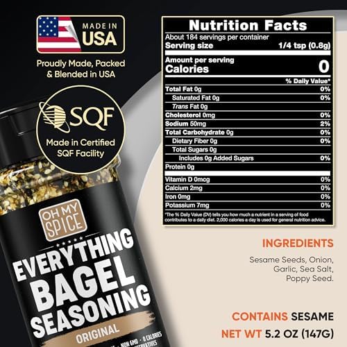 Everything Bagel Seasoning Blend - Gluten Free & Low Sodium Avocado Toast Seasoning. Vegetable Seasonings with Spices & Toasted Sesame Seeds. Egg, Meat & Salmon Keto Seasonings. Salad Toppings. 5.2oz