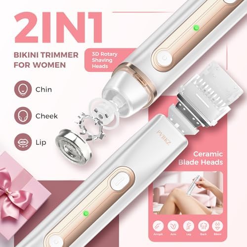 Bikini Trimmer for Women, 2-in-1 Painless Electric Razor for Body and Pubic Hair, IPX7 Waterproof Shaver with Dual Heads - Rechargeable Lady Trimmer for Bikini, Underarm, and Leg (White)