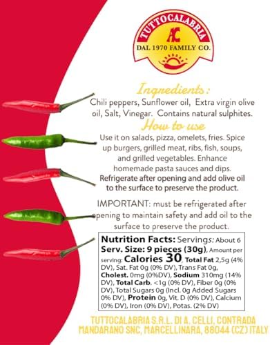 TUTTOCALABRIA TuttoCalabria, Whole Calabrian Chilli Pepper, 10.2oz (285g), Intense and Balanced Hot, Packed in Extra Virgin Olive Oil, Ideal for Sauces, Salads, Pizza and Creative Dishes, Made in Italy
